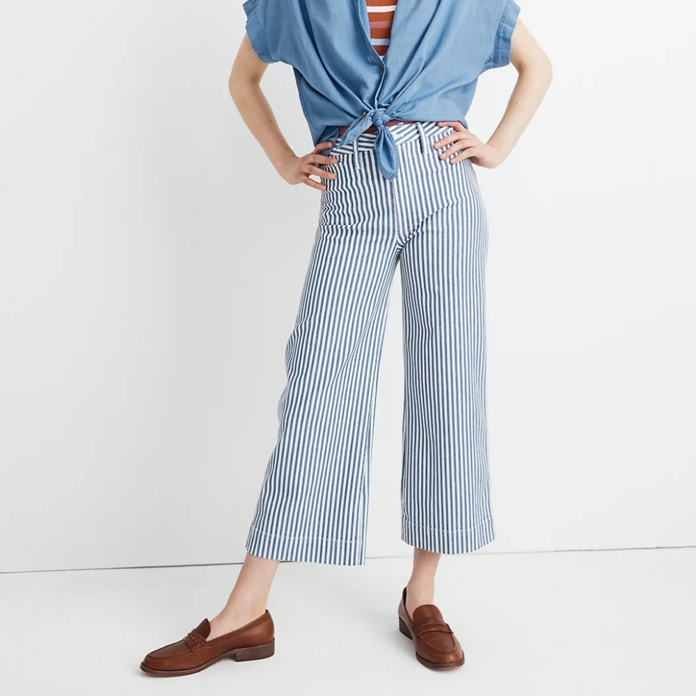 Madewell Emmett Wide-Leg Crop Pants in Herringbone Railroad Stripe